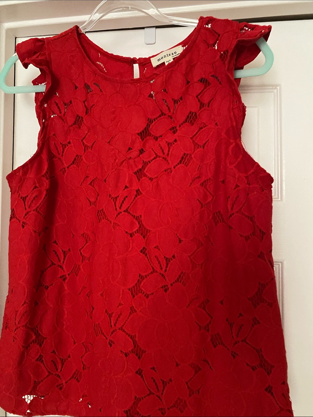 Monteau Red Lace Sleeveless Top with Flutter Cap Details - Picture 6 of 6